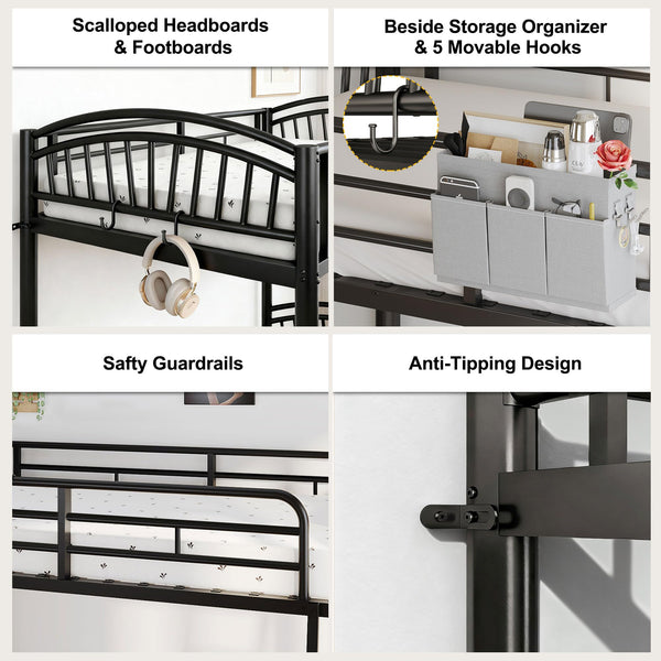 Twin Over Twin Metal Bunk Bed with Storage & Convertible Ladder