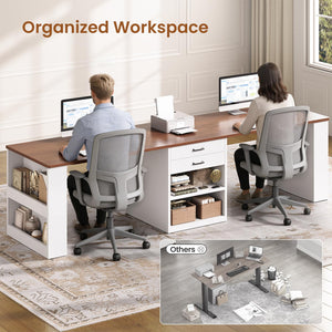 2-Person Computer Desk with Drawers & Storage Shelves, 90.5"