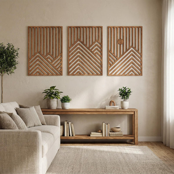 Wood Mountain Wall Sculptures Set of 3 – 36x24 Inch 3D Rustic Sun Art Decor