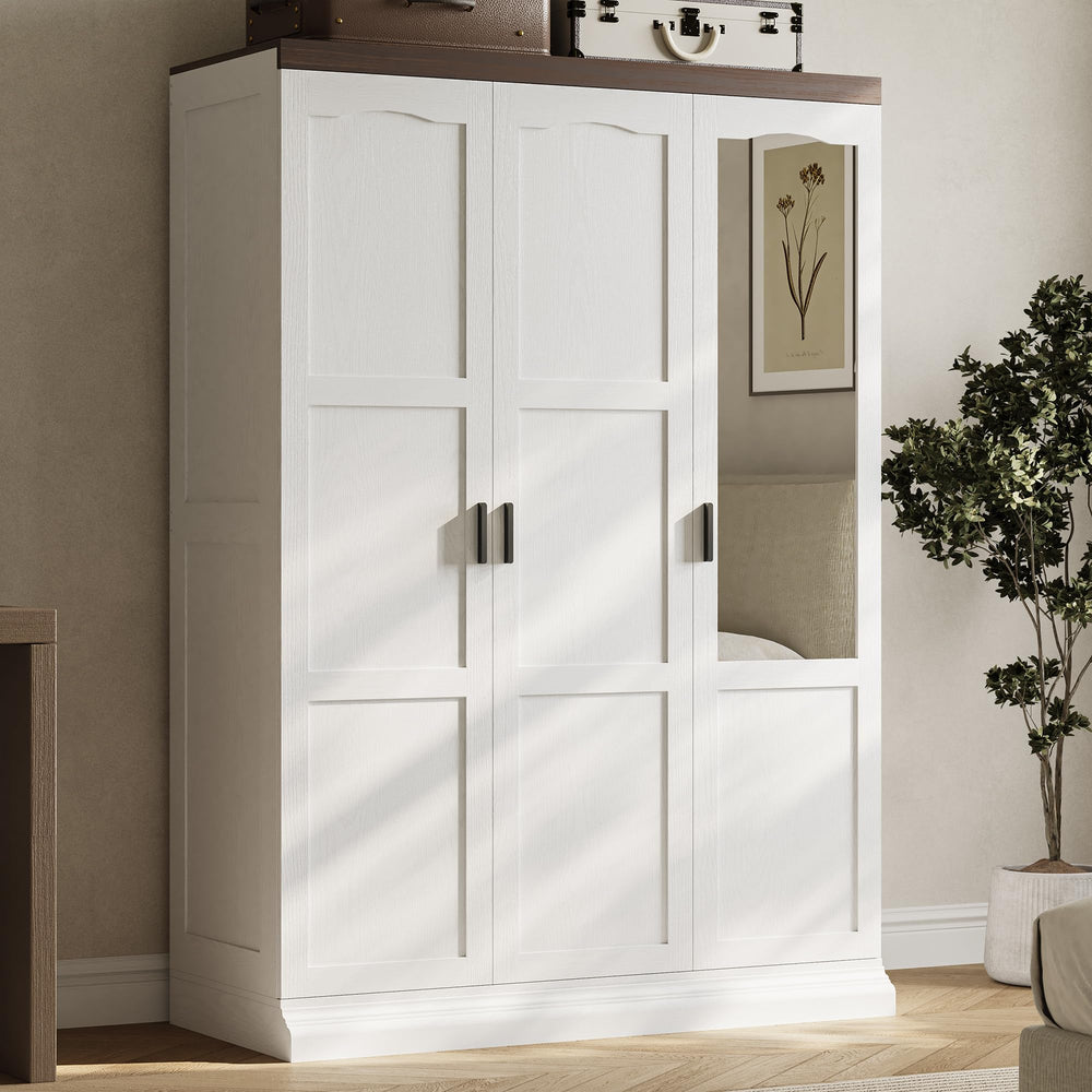 3-Door Wardrobe Closet with Mirror, Hanging Rods & Shelves – White