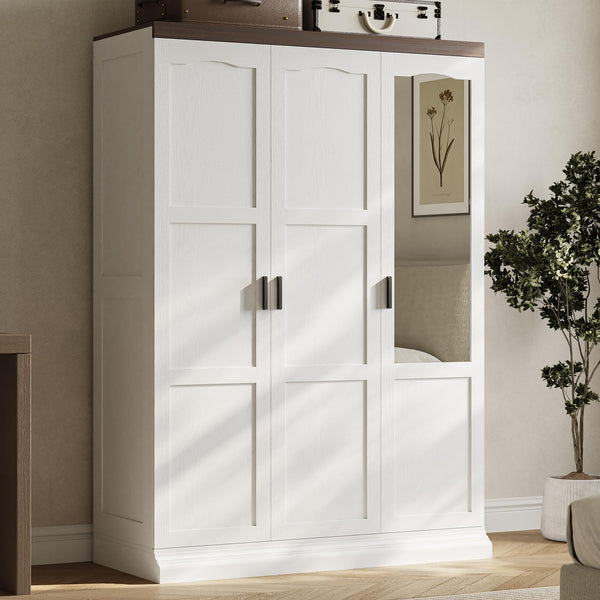 3-Door Wardrobe Closet with Mirror, Hanging Rods & Shelves – White Bedroom Armoire