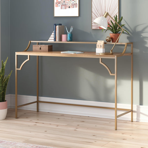 Writing Desk with Glass Shelf – Sindoori Mango & Satin Gold Frame