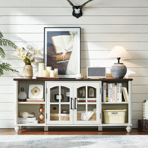 Farmhouse TV Stand with Glass Doors & Storage