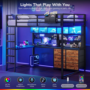 Full Loft Bed with Desk, Storage & LED Lights