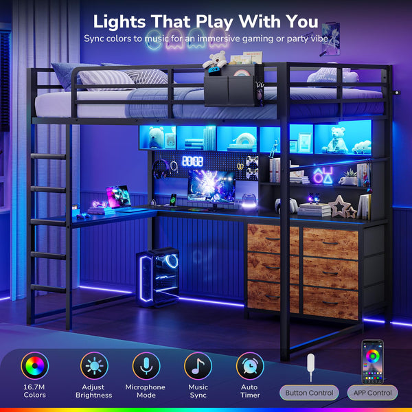 Full Loft Bed with Desk, Storage & LED Lights