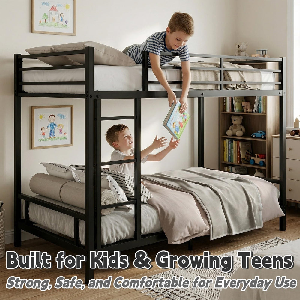 Twin Over Twin Low Bunk Bed Frame – Heavy-Duty Metal with Guardrails