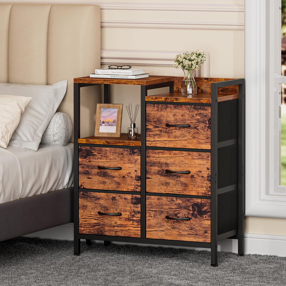 5-Drawer Fabric Dresser with 2-Tier Shelf