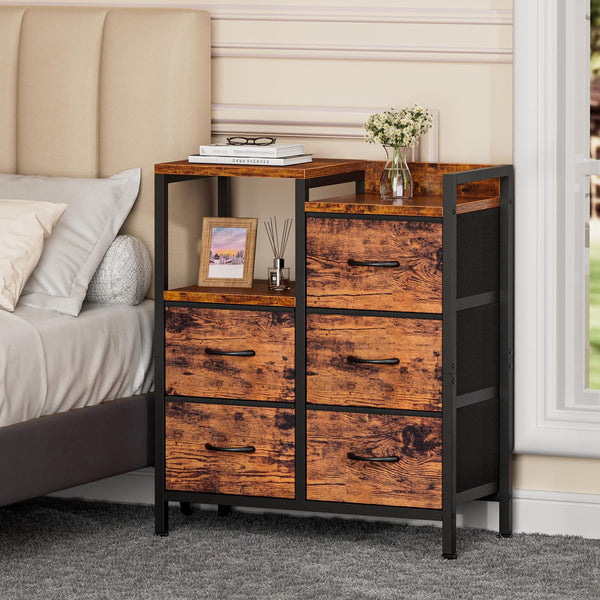5-Drawer Fabric Dresser with 2-Tier Shelf