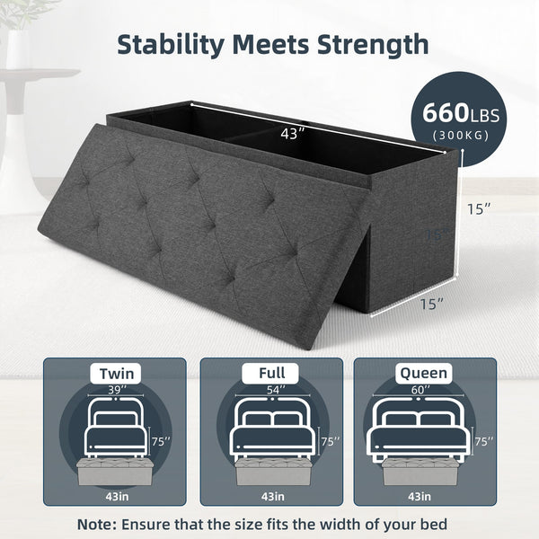 43-Inch Foldable Storage Ottoman Bench with Padded Seat – Grey, 660 lbs Capacity