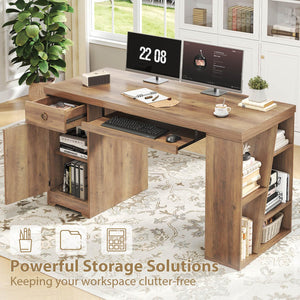 55 Inch Farmhouse Executive Desk with Drawers, Keyboard Tray & Storage Shelves