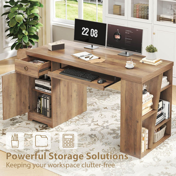 55 Inch Farmhouse Executive Desk with Drawers, Keyboard Tray & Storage Shelves