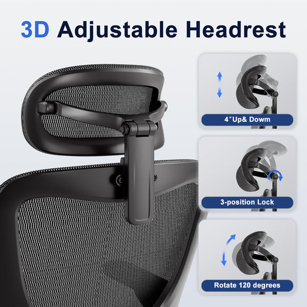 Ergonomic Mesh Office Chair – 3D Armrests, 3D Headrest, Adjustable Lumbar, Rocking Function