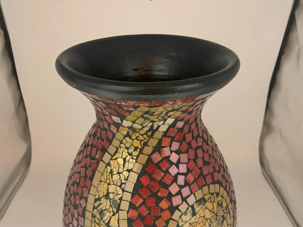Mosaic Terracotta Floor Vase – 24 Inch Tall Cylinder, Ruby Red & Gold