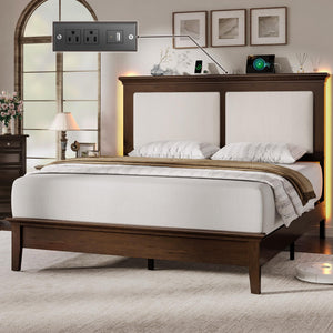 Wood Bed Frame with LED Headboard & Charging Station