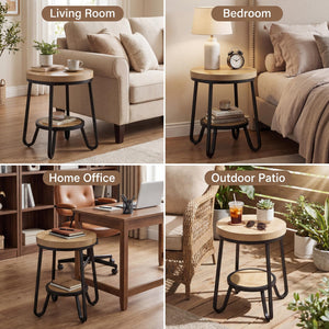 2-Tier Round Side Table with Storage Shelf, 19.7" Wood Tabletop & Curved Metal Legs, Light Brown