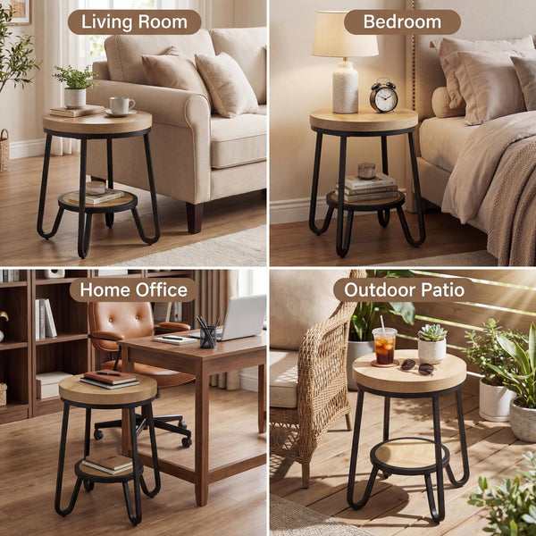 2-Tier Round Side Table with Storage Shelf, 19.7" Wood Tabletop & Curved Metal Legs, Light Brown