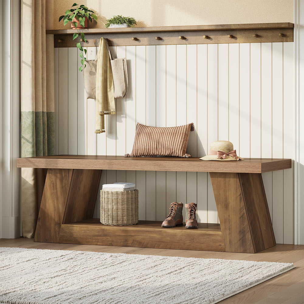 63" Wooden Entryway Bench with Storage Shelf — Farmhouse Hallway Seating