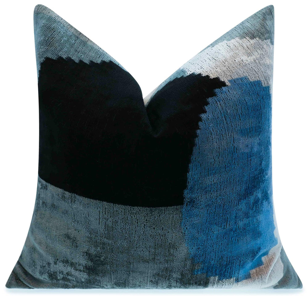 Velvet Throw Pillow – Blue & Black Abstract, 20x20"