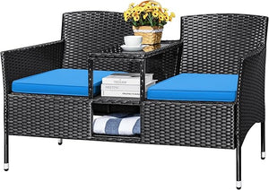 Outdoor Rattan Loveseat with Built-In Table & Storage