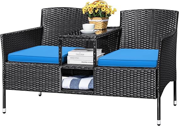 Outdoor Rattan Loveseat with Built-In Table & Storage