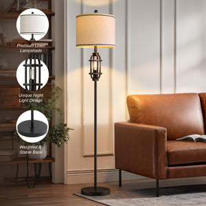 Industrial Floor Lamp with Dual Lights & Linen Shade