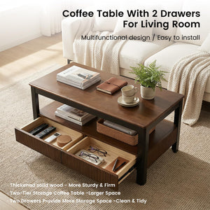 Mid-Century Solid Wood Fluted Coffee Table with Drawers & Open Shelf