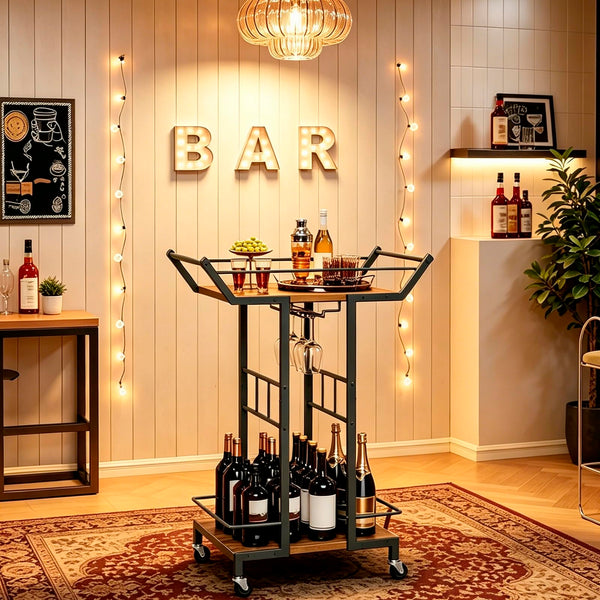 3-Tier Bar Cart with Wine Glass Rack & Wheels