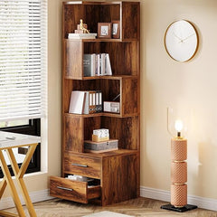5-Tier Corner Bookshelf with 2 Drawers, 66.9" Tall