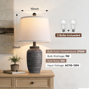 Vintage Ceramic Table Lamp Set of 2 with Linen Shade – 21" Bedside Lamp for Bedroom, Living Room & Nightstand