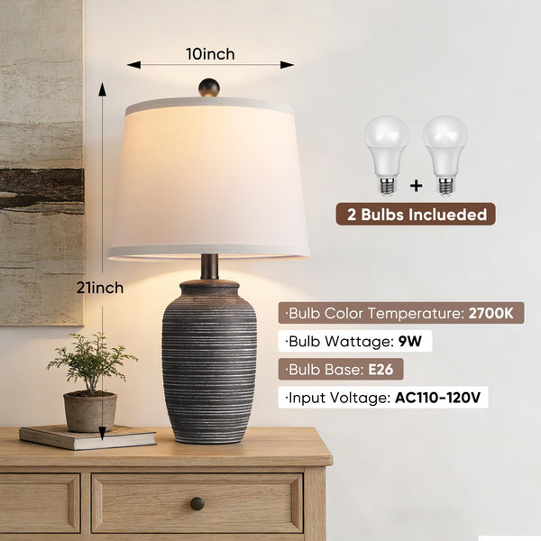 Vintage Ceramic Table Lamp Set of 2 with Linen Shade – 21" Bedside Lamp for Bedroom, Living Room & Nightstand