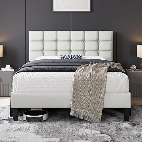 Upholstered Platform Bed Frame with Adjustable Tufted Headboard