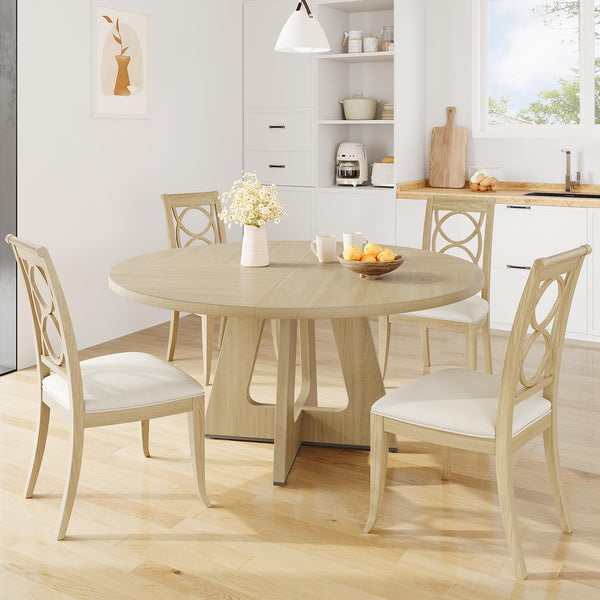 47-Inch Round Farmhouse Dining Table with Wooden Top & Pedestal Base