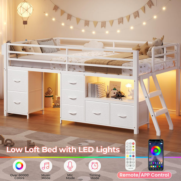 Twin Low Loft Bed with 7 Storage Drawers, LED Lights & Under-Bed Play Space