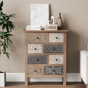 Boho Wood Accent Cabinet with Hand-Carved Drawers – Fully Assembled