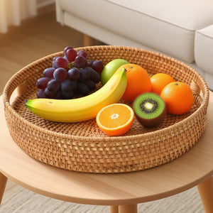 Round Rattan Serving Tray with Handles