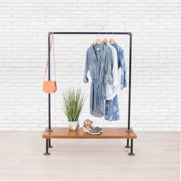 Industrial Pipe Clothing Rack with Wood Shelf