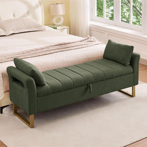 King Size Storage Bench with Arms, Boucle Fabric, Gold Legs, 2 Pillows