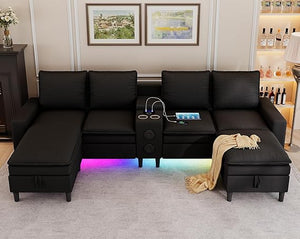 L-Shaped Sectional Sofa with Bluetooth Speaker, LED Lights & Charging Station