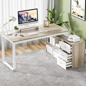 55-Inch Reversible L-Shaped Computer Desk – 3 Drawers, Monitor Stand & Storage Shelves