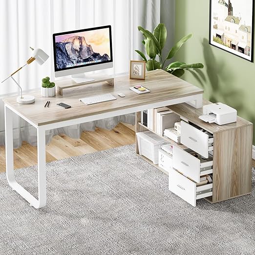 55-Inch Reversible L-Shaped Computer Desk – 3 Drawers, Monitor Stand & Storage Shelves