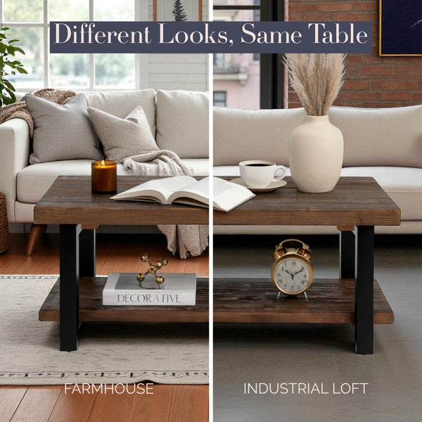 42-Inch Rectangular Solid Wood Coffee Table with Storage Shelf