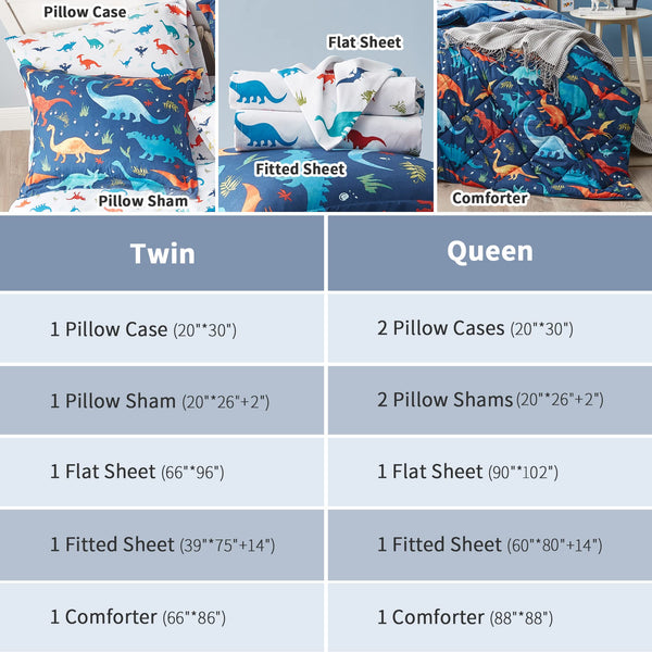 Kids Dinosaur Bedding Set — 5-Piece Comforter Set with Sheets