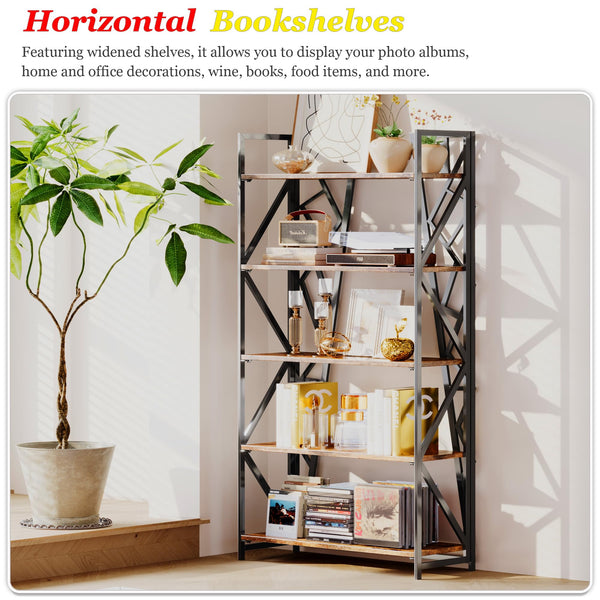 5-Tier Folding Bookshelf, No-Assembly Industrial Storage Shelves
