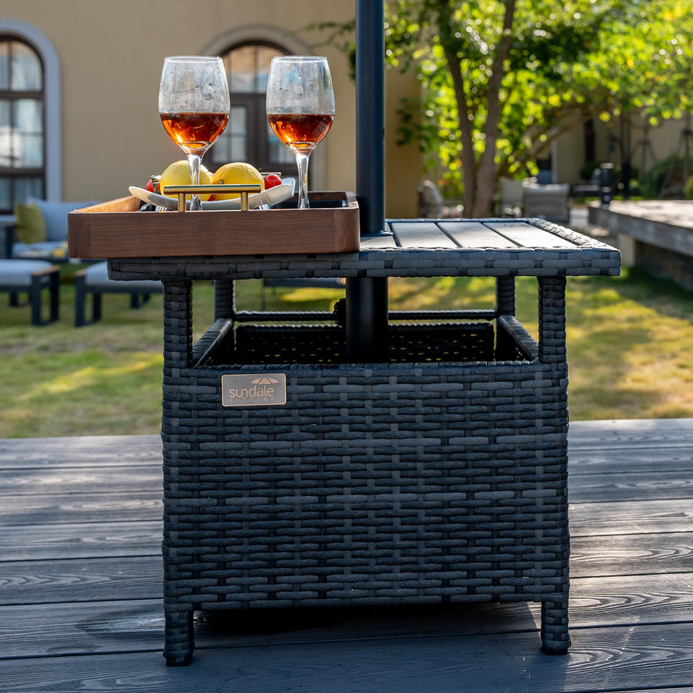 Wicker Patio Side Table with Umbrella Hole and Weight Bags
