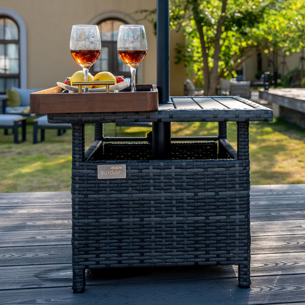 Wicker Patio Side Table with Umbrella Hole and Weight Bags