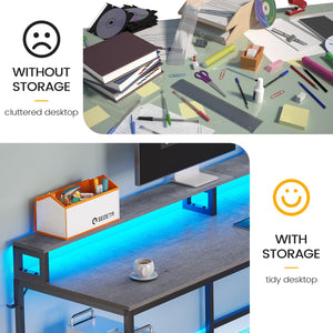 L-Shaped Corner Desk with File Drawer, LED Lights & Monitor Shelf