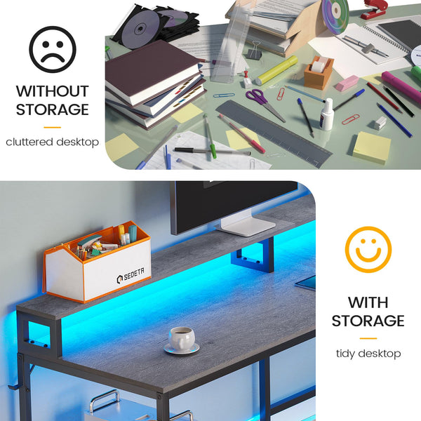 L-Shaped Corner Desk with File Drawer, LED Lights & Monitor Shelf