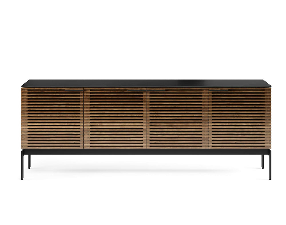 79" Modern TV Stand with Soundbar Shelf, Tempered Glass Top & Cable Management – Fits TVs up to 80"