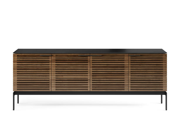 79" Modern TV Stand with Soundbar Shelf, Tempered Glass Top & Cable Management – Fits TVs up to 80"