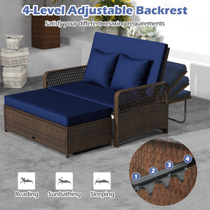 Outdoor Rattan Daybed Loveseat Set with Storage Ottoman & Cushions